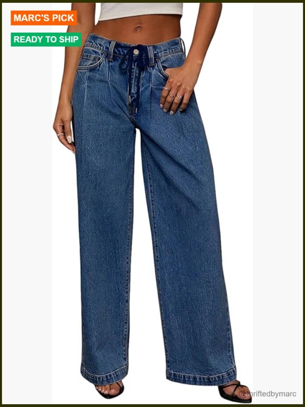 Women's Drawstring Wide Leg High Waisted Baggy Stretchy Elastic Waist Jeans
